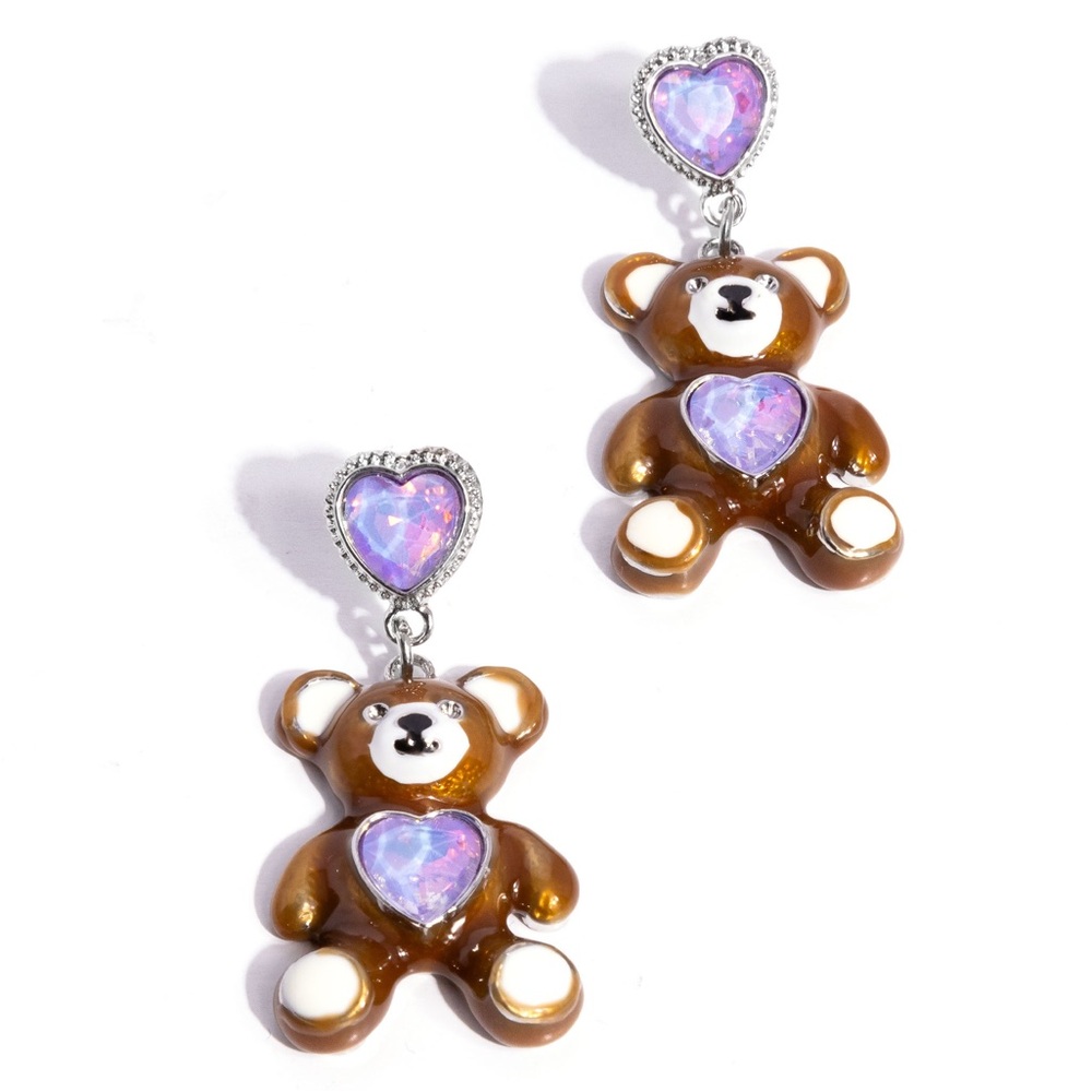 Brown Teddy Bear Earrings with Purple Iridescent Hearts